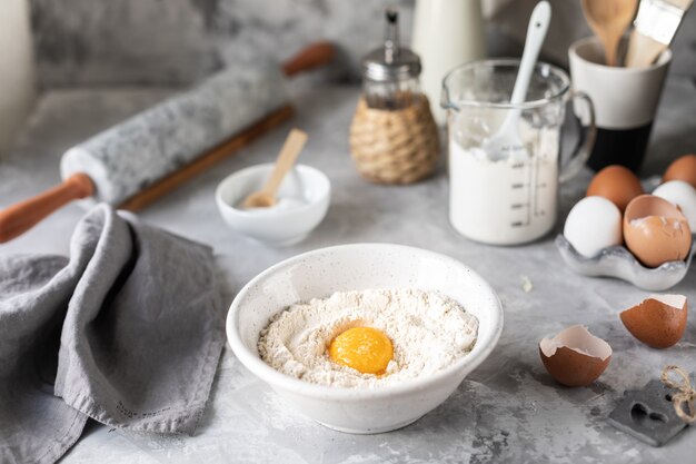 Close-up ingredients for baking pancakes, muffins, cakes