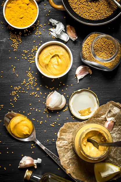 Close up on ingredients for making mustard