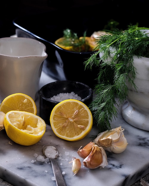 close-up of ingredients on marble