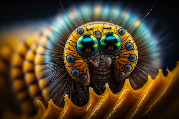 Close up of insect's head with blue and yellow eyes Generative AI