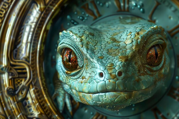 Close up of Intricate Steampunk Style Lizard with Copper and Turquoise Textures on Mechanical