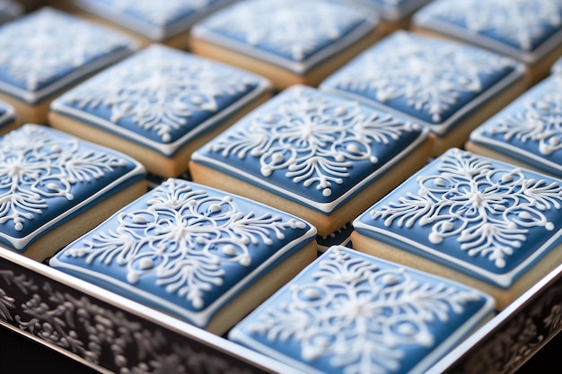 Photo close up of intricately decorated snowflake cookies with royal icing