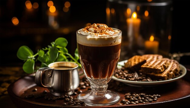 Close up an Irish Coffee in a Glass Mug topped with Cream Blurred Kitchen Background