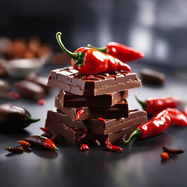 Close up of Irresistible Afrodisiac Chocolate Bars with Chilli Peppers Generative Ai