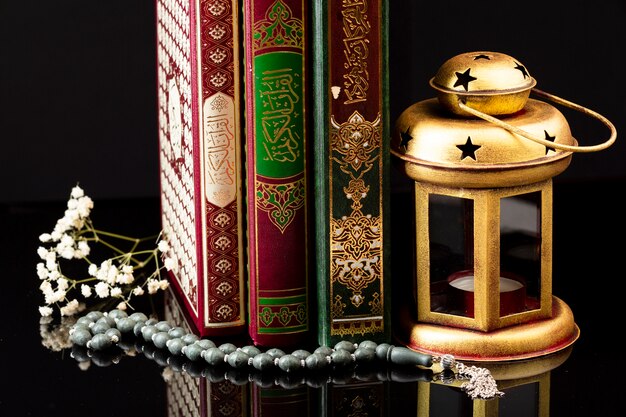 Close up of islam books on table 