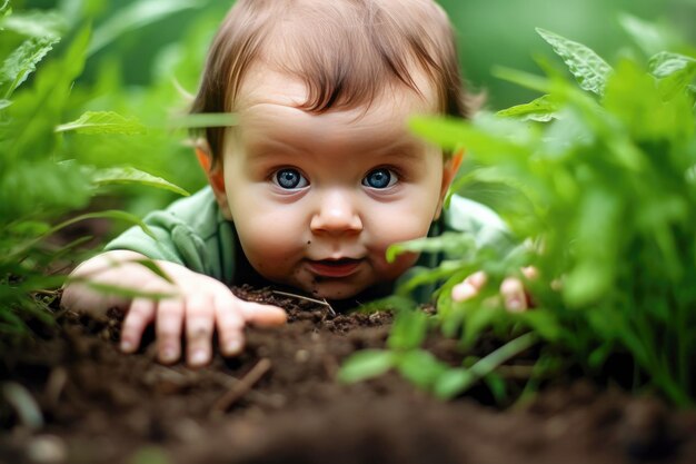 Close up of an isolated baby crawling on the home garden