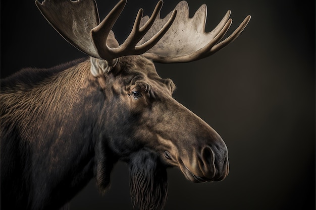 A close-up isolated Moose head face with big horns in the forest on a dark background