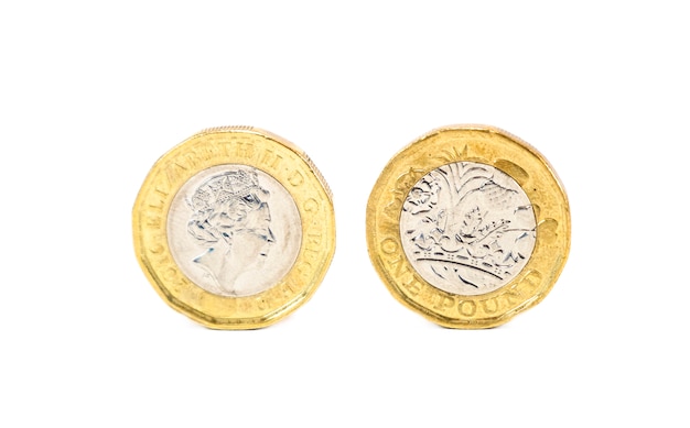 Close up isolated of one pound coin from united kingdom on white background 