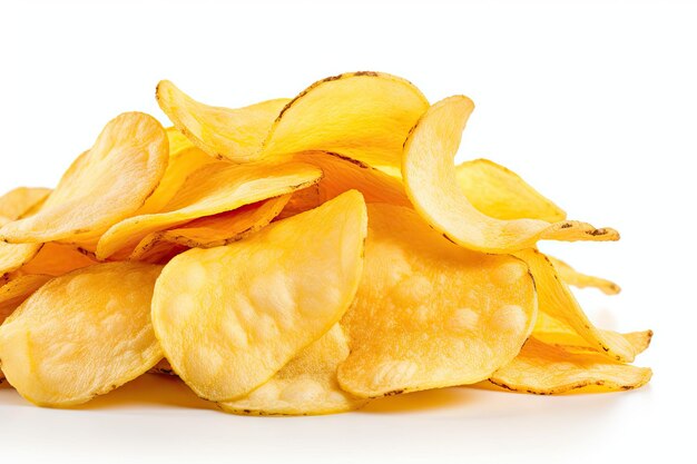 Close up of isolated potato chips on a white background