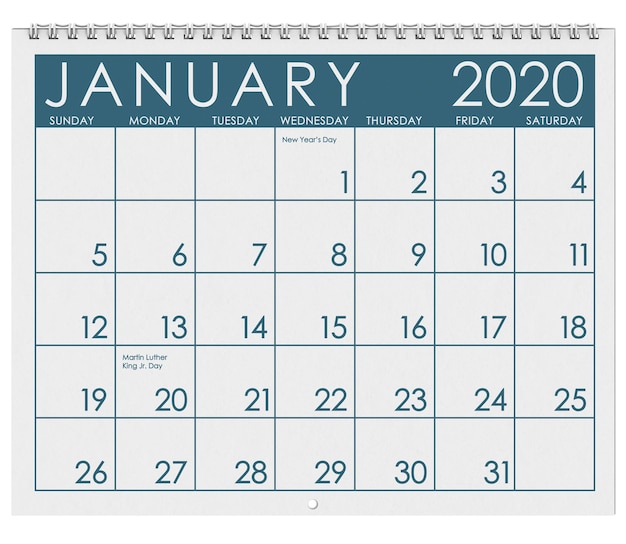 close-up of january 2020 calendar