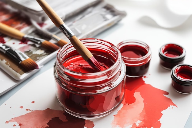 Close up of jar with red gouache paint and brushes on white paper background