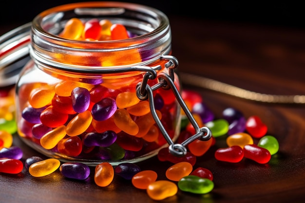 Close up of jelly beans arranged in a glass jar with a wooden scoop