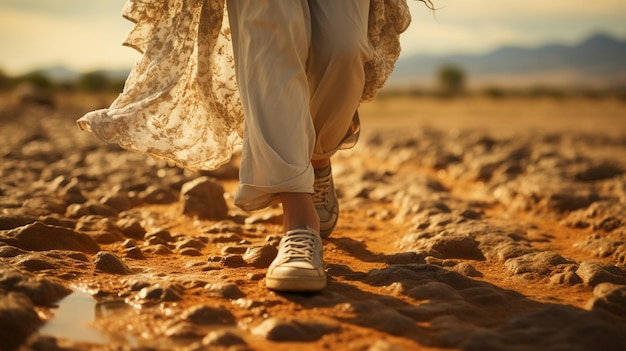 Close up of Jesus feet walking on a road Generative Ai