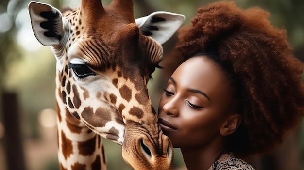 Close-up jonge Afrikaanse vrouw die een giraf knuffelt
