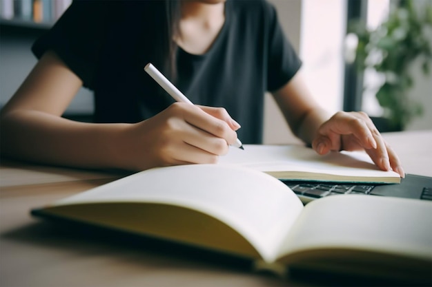 close-up jonge Aziatische vrouw schrijven op boek maken aantekeningen