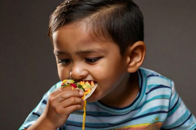 Foto close-up jongen die fastfood hamburger eet