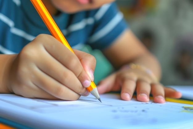 Close-up jongen hand is het schrijven van huiswerk thuis Onderwijs concept