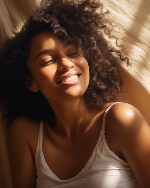 Close up of a joyful African American young woman laughing with a light brown color background