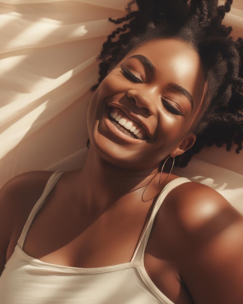 Close up of a joyful African American young woman laughing with a light brown color background