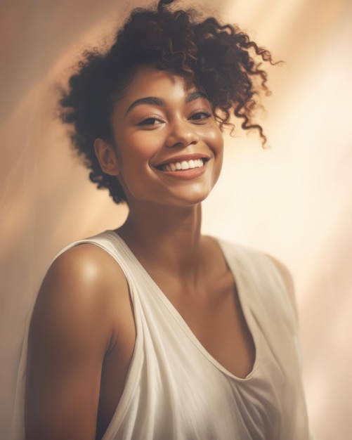 Close up of a joyful African American young woman laughing with a light brown color background