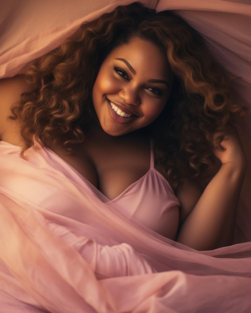 밝은 분홍색 배경에서 웃는 즐거운 플러스 사이즈 아프리카계 미국인 젊은 여성의 클로즈업