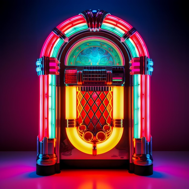 A close up of a juke box with neon lights on generative ai