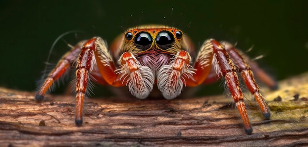 A close up of a jumping spider with a black background.