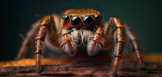 어두운 배경을 가진 점핑 거미의 클로즈업