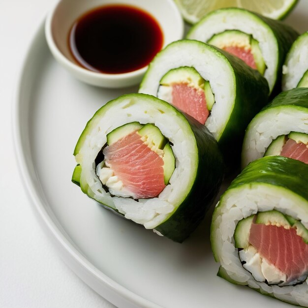 Photo close up of kappamaki roll cucumber sushi rolls plate