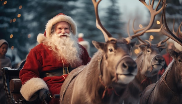 Close-up Kerstman glimlachend zit in zijn slee geleid door rendieren