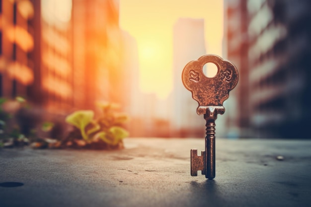 A close up of a key on a city street