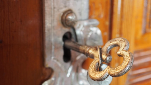 Close-up of key in door