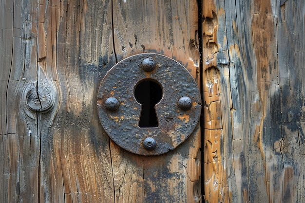 Foto un primo piano di un buco della serratura su una porta di legno