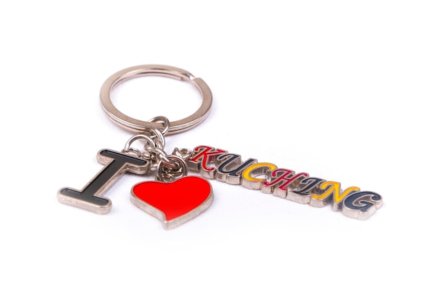 Photo close up of keyring charm with text over white background