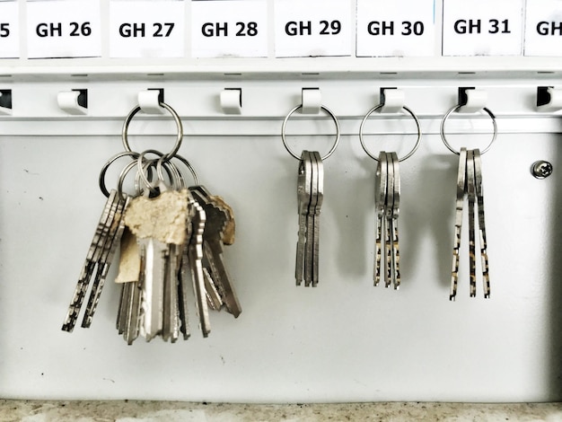 Photo close-up of keys hanging on wall