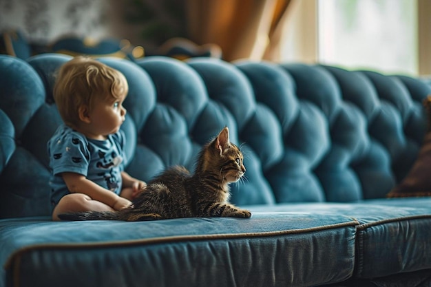 近くから見ると子供と可愛い猫がソファに横たわっています