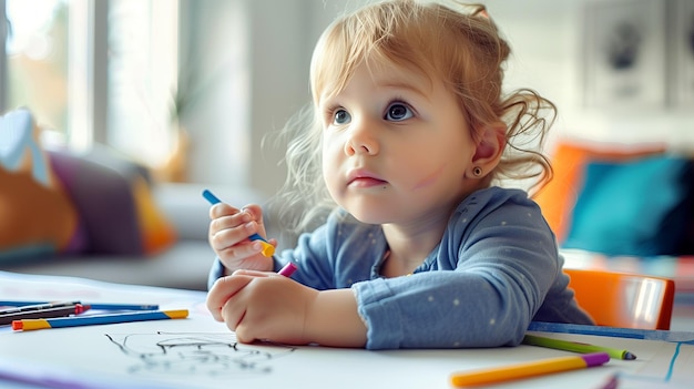 Close up kid drawing with crayon coloring