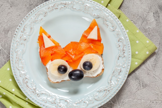 Close up on kid's breakfast toast with fruit