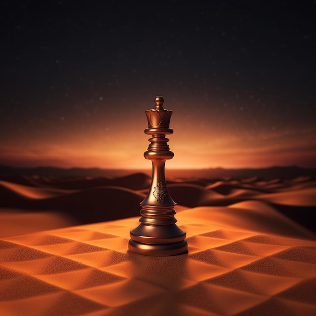 Close up of a king chess piece in the desert