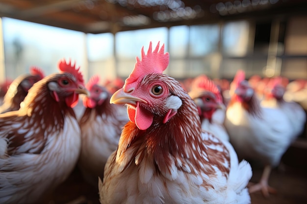 Close-up kippenboerderij met kippen pluimveeboerderij Moderne veeteelt en landbouw Generatieve AI