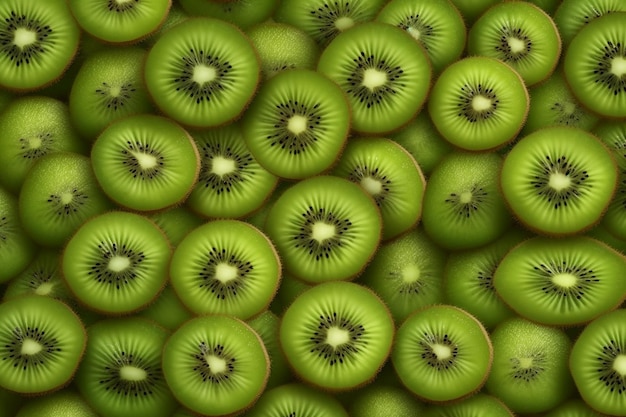 A close up of kiwi fruit with the green seeds visible.