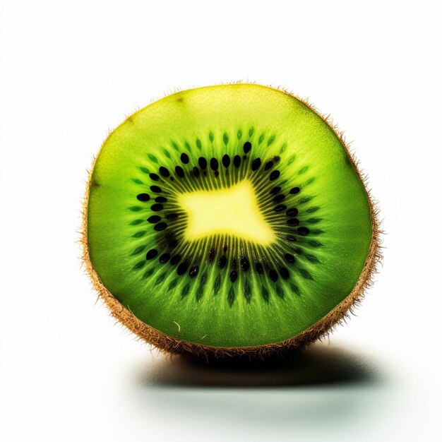 A close up of a kiwi fruit with a white background.