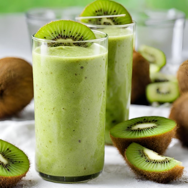 Close up of kiwi smoothie and kiwi slice on the table