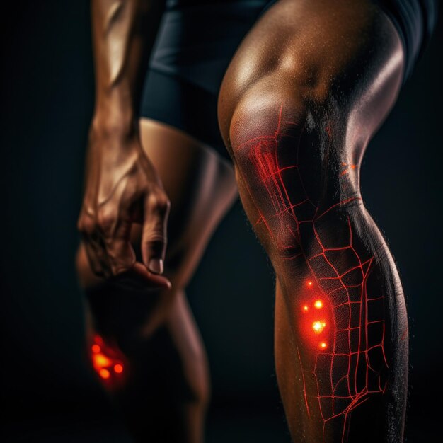 Close-up knie van een sportman met rode pijnvlekken