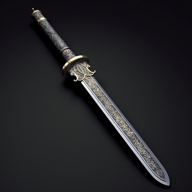 A close up of a knife with a gold handle on a black surface generative ai