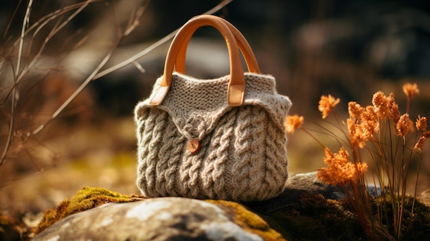 Close up on knitted bag in nature