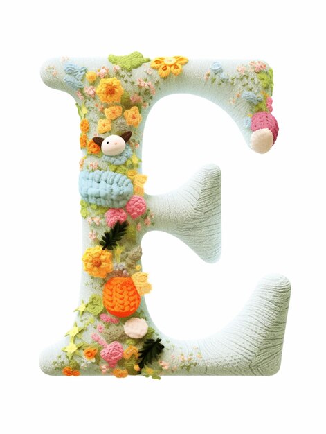 a close up of a knitted letter e with flowers and birds generative ai