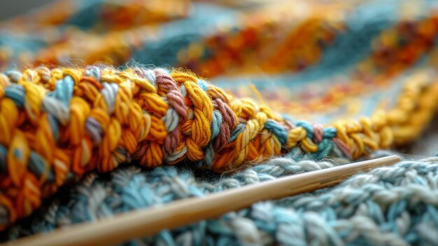 Photo close up of a knitting needle and yarn