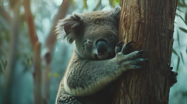 Photo close up of koala embracing a tree generative ai