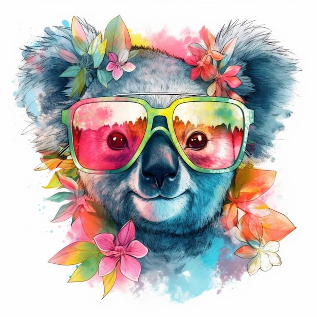 A close up of a koala wearing sunglasses and flowers generative ai